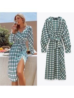 Zara Plaid Print Belted Wrap Shirt Dress Satin Midi Retro Classy Corporate Chic